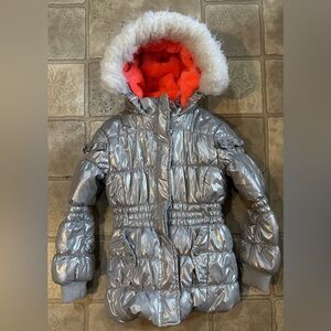 Route 66 Metallic Silver Kids Puffer with Faux Fur Hood